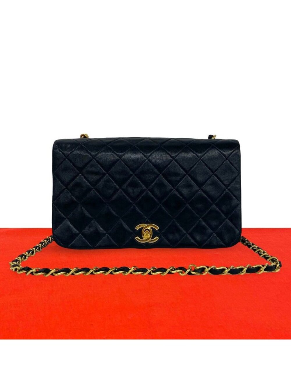 Chanel Vintage Quilted Coco Full Flap Lambskin Chain Shoulder Bag Navy